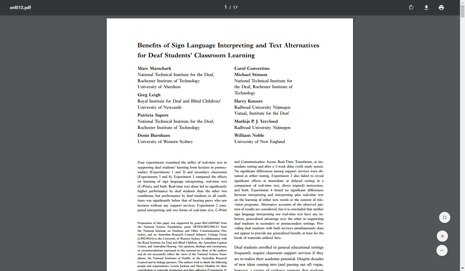 Screen shot of PDF: Benefits of Sign Language Interpreting and Text Alternatives for Deaf Students' Classroom Learning