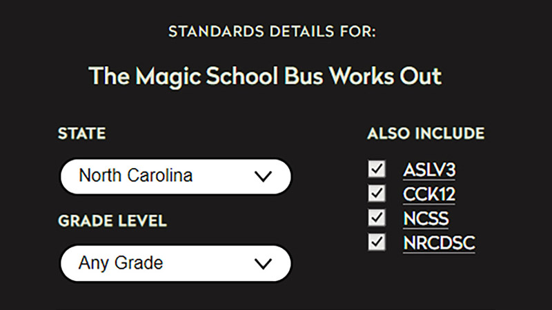 A screenshot of the search screen showing State: North Carolina, Grade Level: Any Grade, and a series of checkboxes labeled ASLV3, CCK12, NCSS, and NRCDSC