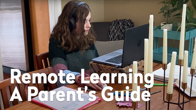 A young girl sitting at a laptop computer, title: Remote Learning A Parent's Guide