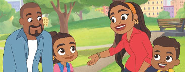 Animated characters from Alma's Way, parents and two children of mixed ethnicity