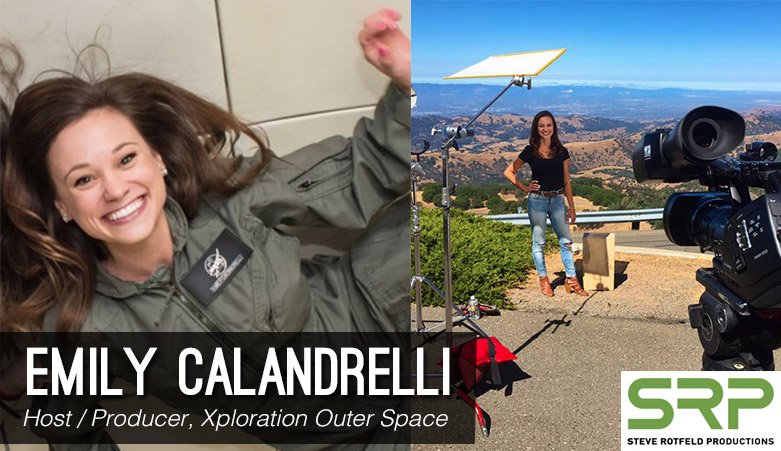 a girl in an army-green flightsuit suspended in sumulated zero gravity and the same girl posing for a photograph with hills behind her and a large television camera in front of her