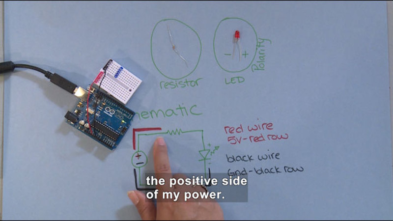 Circuit board with red and black wire. Resistor and LED with positive and negative polarity are displayed. A schematic shows a diagram of the red wire as 5v red row, black wire and black row. Caption: the positive side of my power.