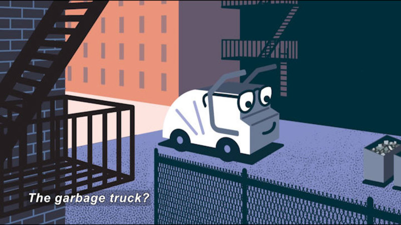 Cartoon of a garbage truck pulling up to a dumpster. Caption: The garbage truck?