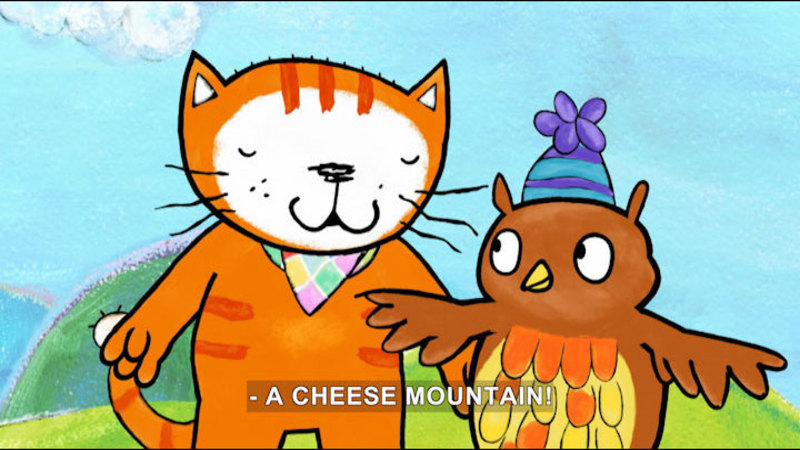 Cartoon of a cat and a bird talking. Caption: - A Cheese mountain!