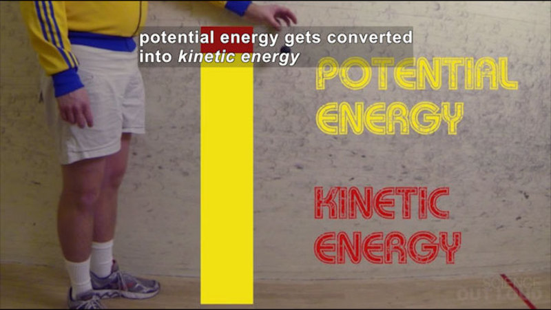 A man dropping a ball. Caption: potential energy gets converted into kinetic energy
