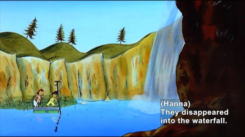 Illustration of two people floating on a platform and moving towards a waterfall. Caption: (Hanna) They disappeared into the waterfall.
