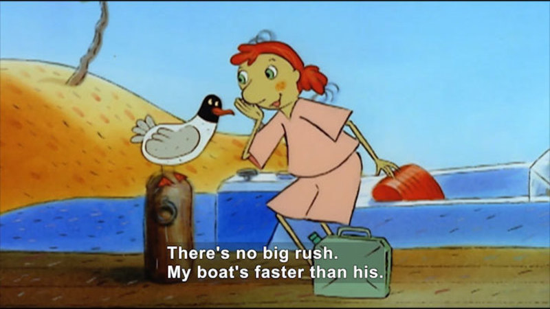 Cartoon of a person speaking to a bird. Caption: There's no big rush. My boat's faster than his.