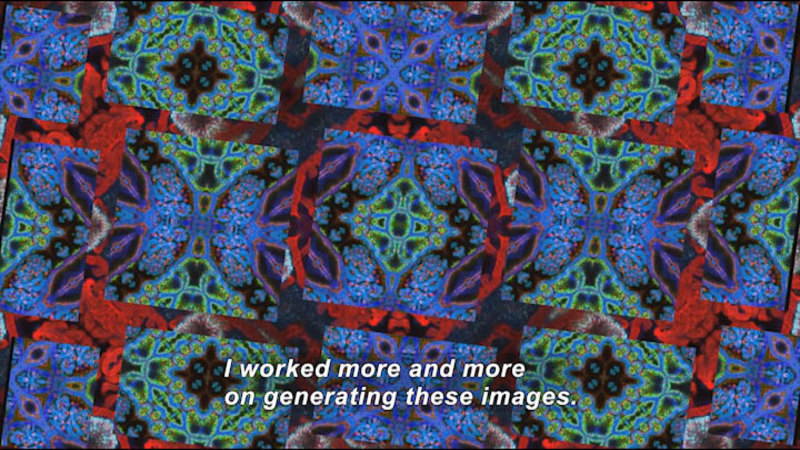 Kaleidoscopic pattern primarily in blues and greens. Caption: I worked more and more on generating these images.