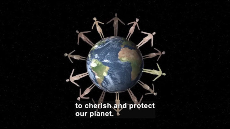 Earth in space with cutouts of people standing around the circumference, hands extended towards each other. Caption: to cherish and protect our planet.