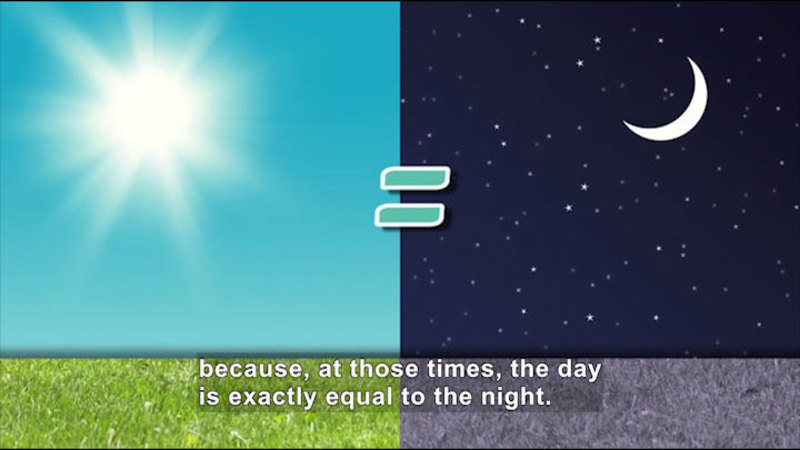 Split image of bright sunny day and night sky with equal sign in the middle. Caption: because, at those times, the day is exactly equal to the night.