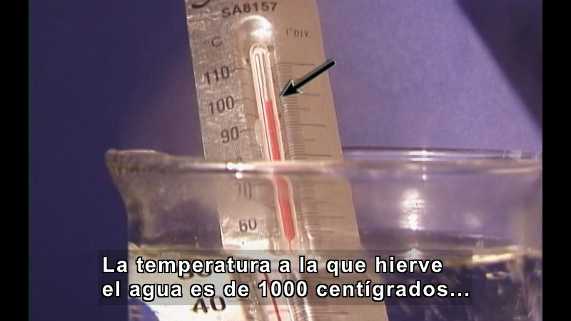 Thermometer in a beaker of water reading almost 100 degrees. Spanish captions.