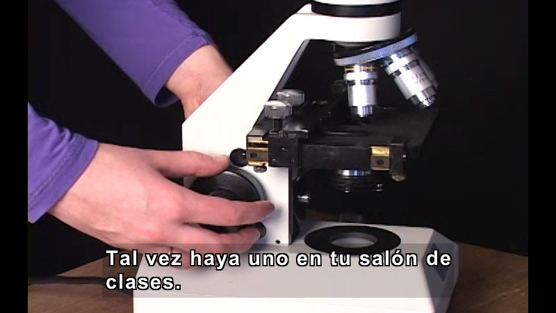 Hands adjusting a microscope. Spanish captions.