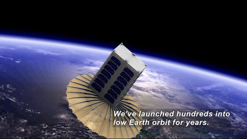 A rectangular space craft with a large, flat round disc pointed towards the planet earth, visible in the background. Caption: We've launched hundreds into low Earth orbit for years.