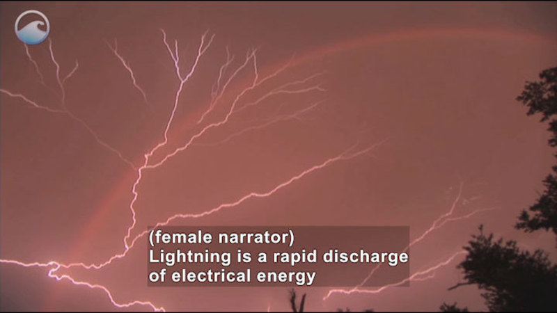 Lightning branching across the sky. Caption: (female narrator) Lightning is a rapid discharge of electrical energy