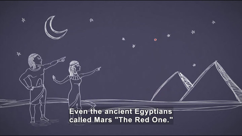 Illustration of people in ancient Egyptian dress pointing over pyramids into the night sky. Caption: Even the ancient Egyptians called Mars "The Red One."