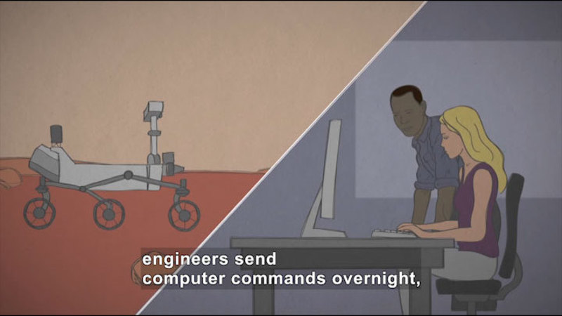 Illustration of a split screen showing a robot with wheels on the surface of a red planet and people at a computer. Caption: engineers send computer commands overnight,