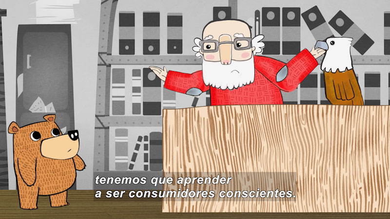 Cartoon of a bear talking with a person and an eagle with shelves of books behind them. Spanish captions.