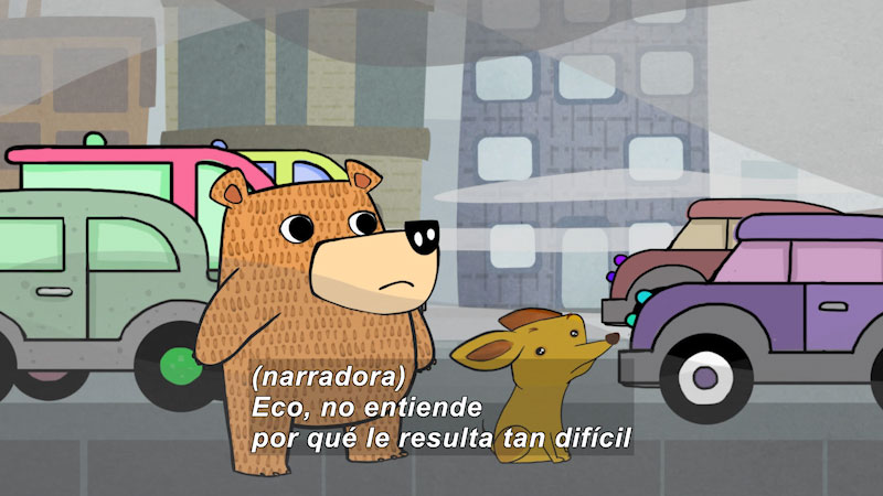 Cartoon of a bear and a dog in traffic with pollution in the air. Spanish captions.