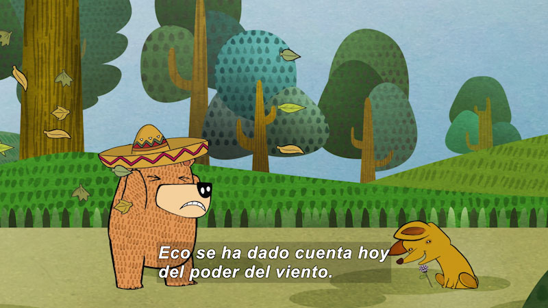 Cartoon of a bear facing a dog while grabbing his hat as a wind blows. Spanish captions.