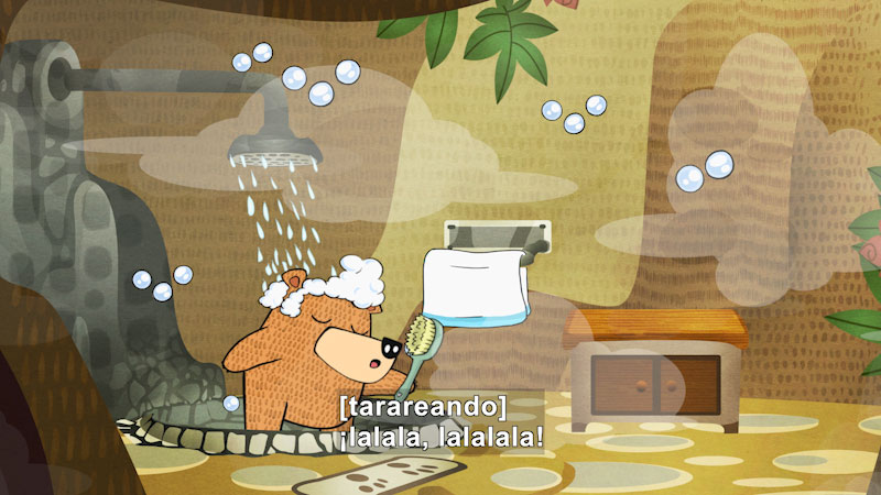 Cartoon of a bear in the shower. Spanish captions.