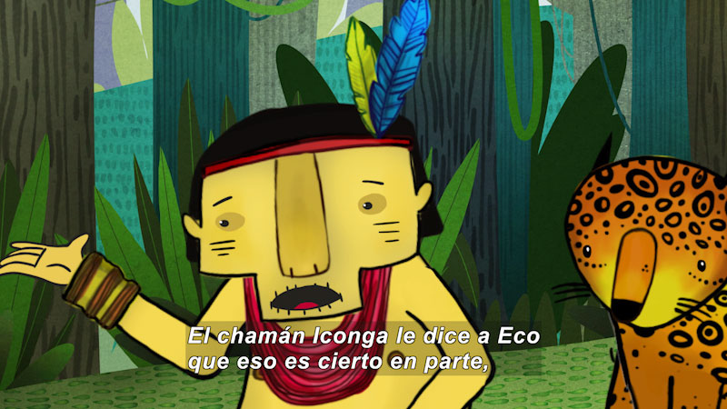 Cartoon of an indigenous person and a leopard in a jungle setting. Spanish captions.