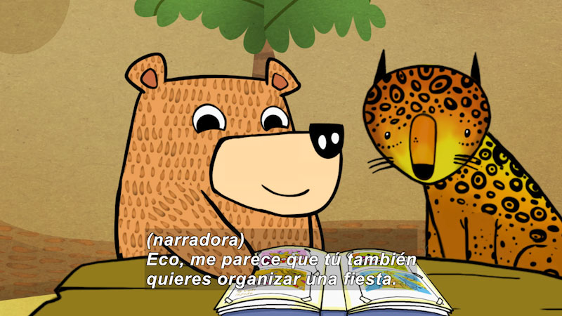 Cartoon of a bear and a leopard looking at an open photo album. Spanish captions.