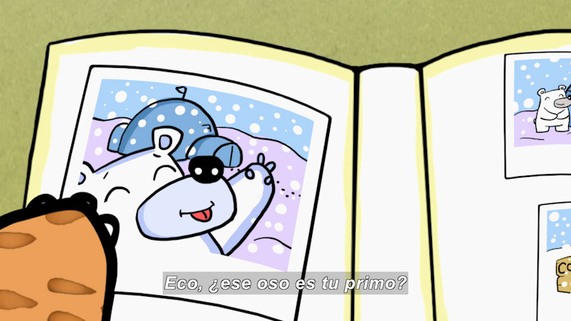 Cartoon of a open photo album showing polar bears and an igloo. Spanish captions.