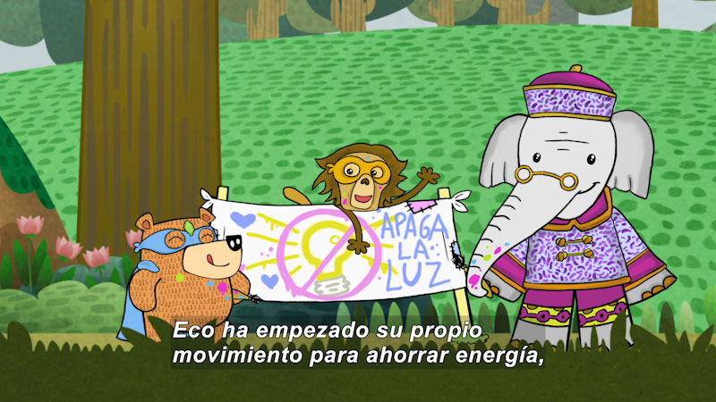 Cartoon of a bear wearing a cape and mask standing next to a monkey and an elephant, all celebrating. Spanish captions.