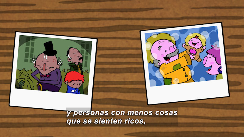 Cartoon of two photographs. One shows a man, a woman, and a baby all smiling and happy. The second shows a man, a child, and a manservant all unhappy. Spanish captions.