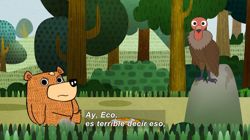 Cartoon of a bear and bird in a forest. Spanish captions.