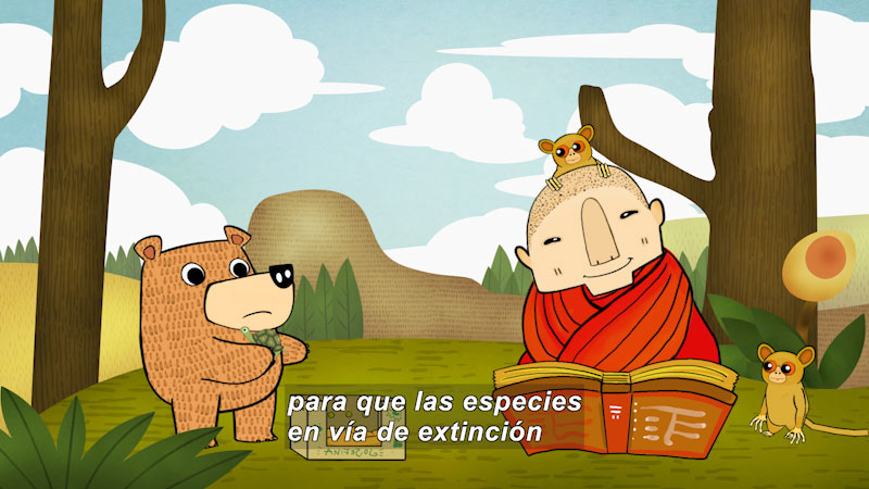 Cartoon of a bear and small primates talking with a person of Asian descent in a red robe. Spanish captions.