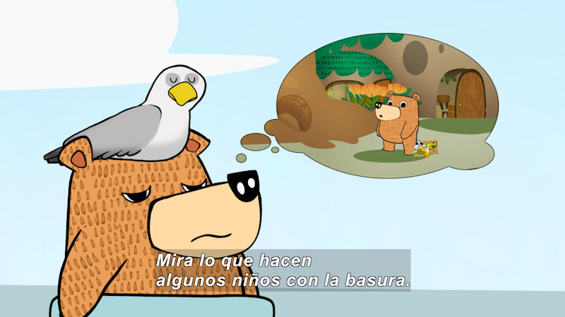 Cartoon of an unhappy looking bear with a bird sitting on his head. The bear is remembering walking outside of a house with trash on the ground. Spanish captions.