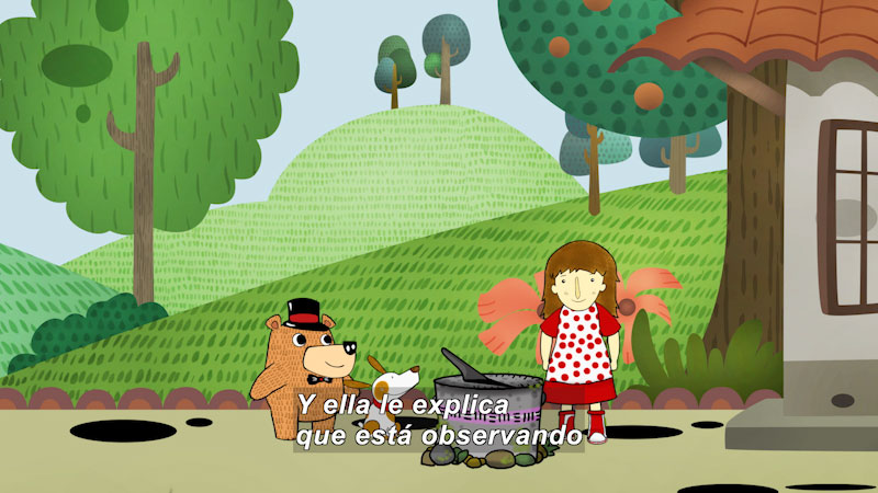 Cartoon of a bear and a dog talking to a girl, while looking at a sundial. Spanish captions.