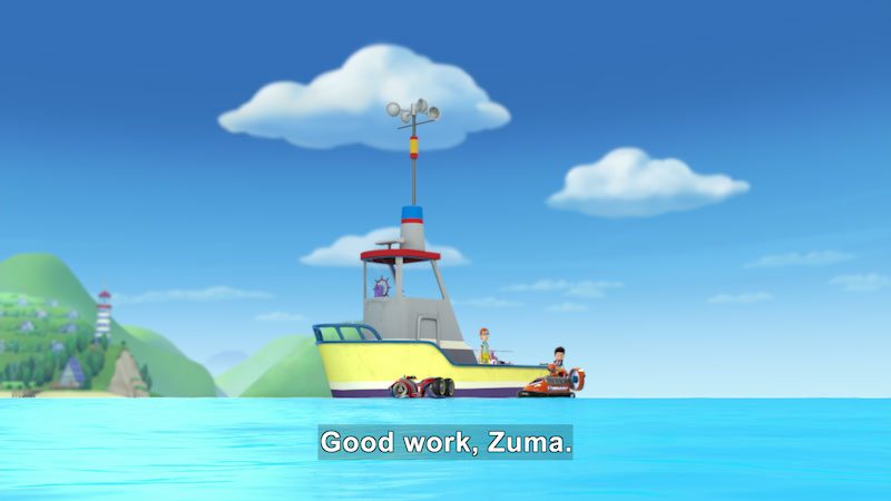 Cartoon of people on a boat with the coastline in the distance. Caption: Good work, Zuma.