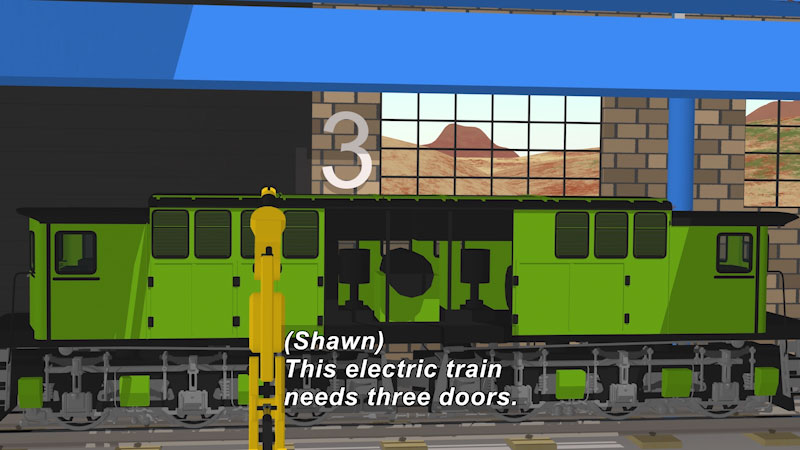 Illustration of a train on the tracks. Caption: (Shawn) This electric train needs three doors.