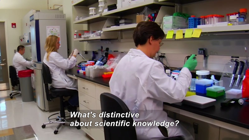 Scientists working in a lab. Caption: What's distinctive about scientific knowledge?