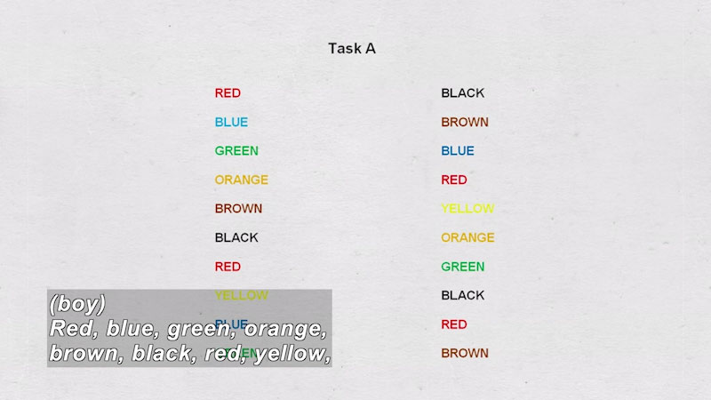 Task A. Two columns with the words red, blue, green, orange, brown, black, and yellow written in the corresponding color but different order. Caption: (boy) Red, blue, green, orange, brown, black, red, yellow,