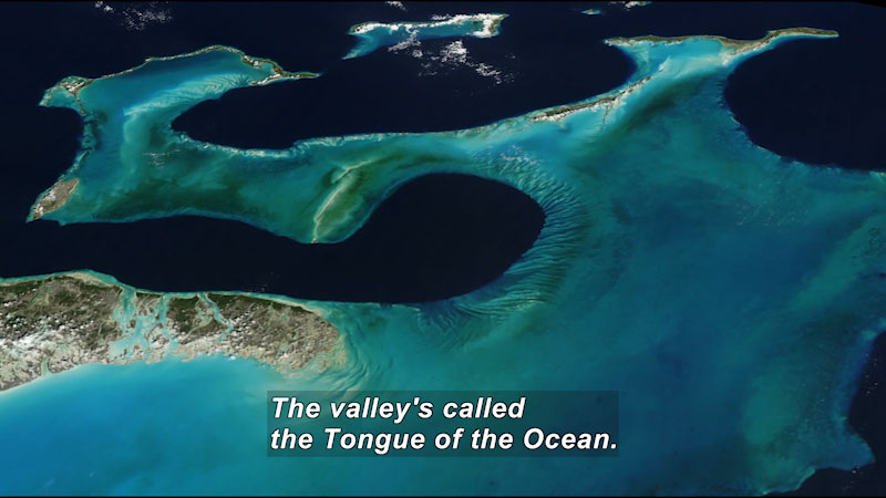 Aerial view of a string of islands. Light bluish green water surrounds the islands. Caption: The valley's called the Tongue of the Ocean.
