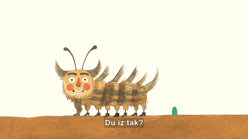 Carton insect with multiple legs and antennae. Caption: Du Iz Tak?