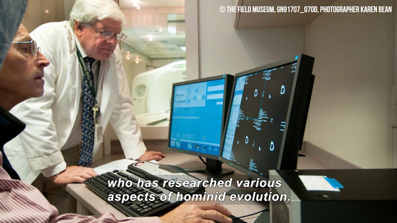 Two people looking at a computer screen. Caption: who has researched various aspects of hominid evolution.
