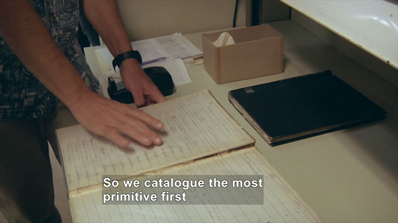 Person gesturing above an open book. The book has a broken spine and faded, handwritten text. Caption: So we catalogue the most primitive first