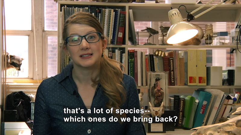 Person speaking. Caption: that's a lot of species -- which ones do we bring back?