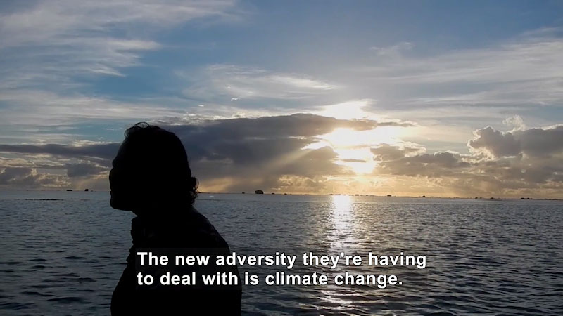Person in shadow against a backdrop of open expanse of ocean and sky. Caption: The new adversity they're having to deal with is climate change.