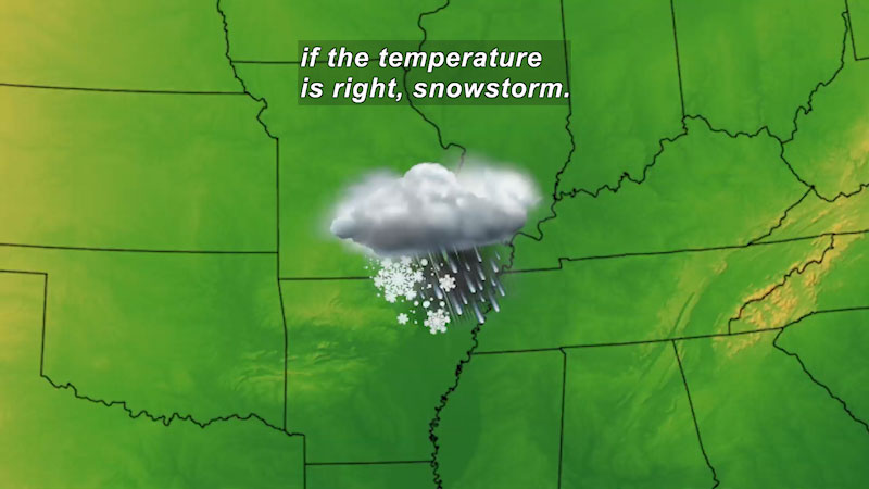 Image of cloud with rain and snow over a state. Caption: if the temperature is right, snowstorm.