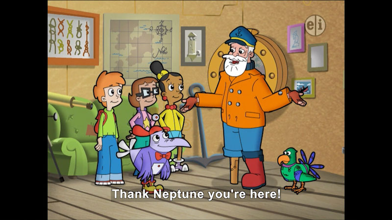 Cartoon of a peg-legged sea captain talking to three kids and a bird. Caption: Thank Neptune you're here!