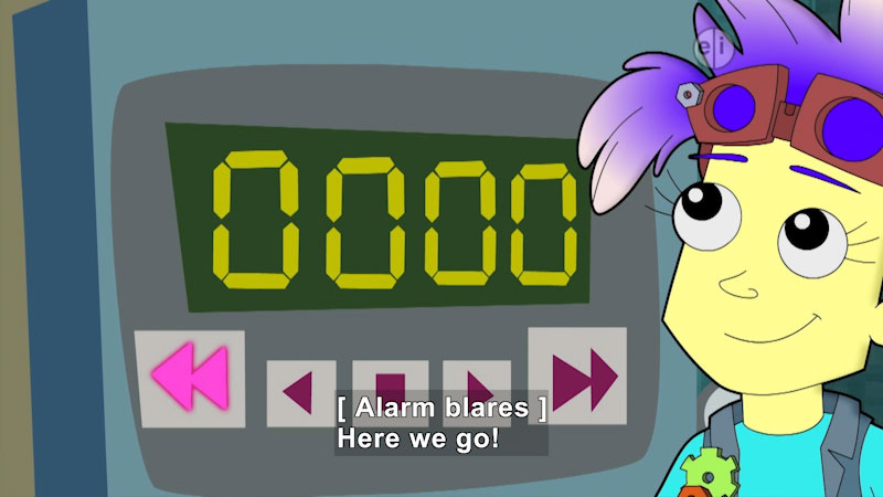 Cartoon of a person next to a display reading "0000". Caption: [ Alarm blares ] Here we go!