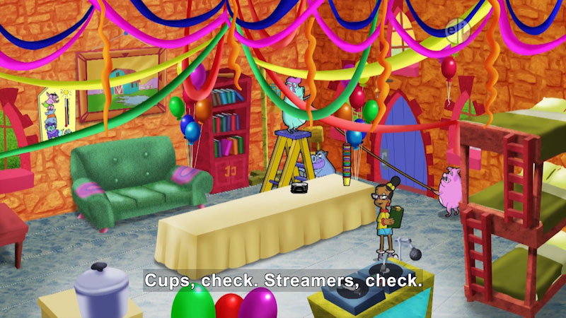 Cartoon of a person and several pigs decorating a room. Caption: Cups, check. Streamers, check.