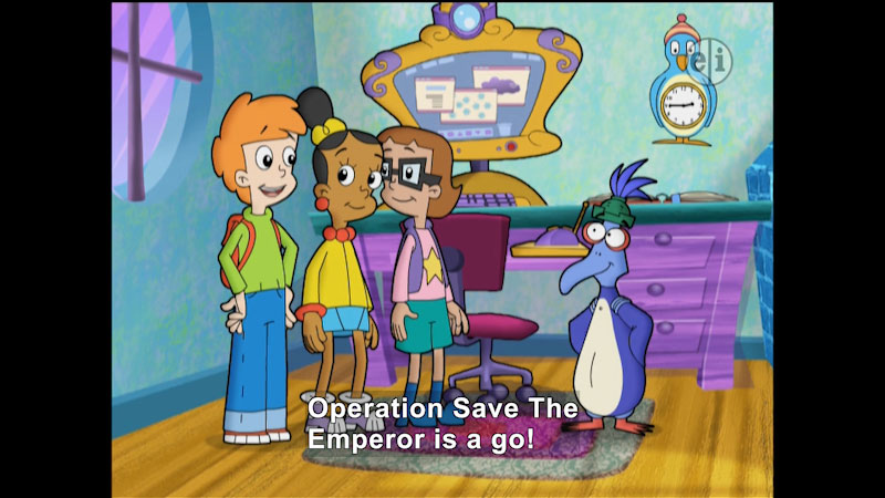 Three cartoon characters talking to a bird. Caption: Operation Save The Emperor is a go!