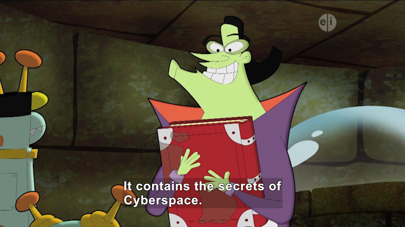 Cartoon character clutching a book to his chest. Caption: It contains the secrets of Cyberspace.