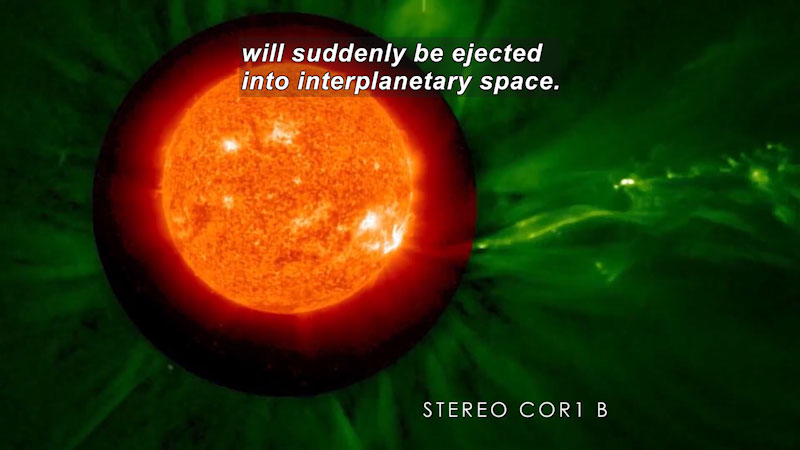 Glowing orb of a star surrounded by green, nebulous light. Stereo COR1 B. Caption: will suddenly be ejected into interplanetary space.